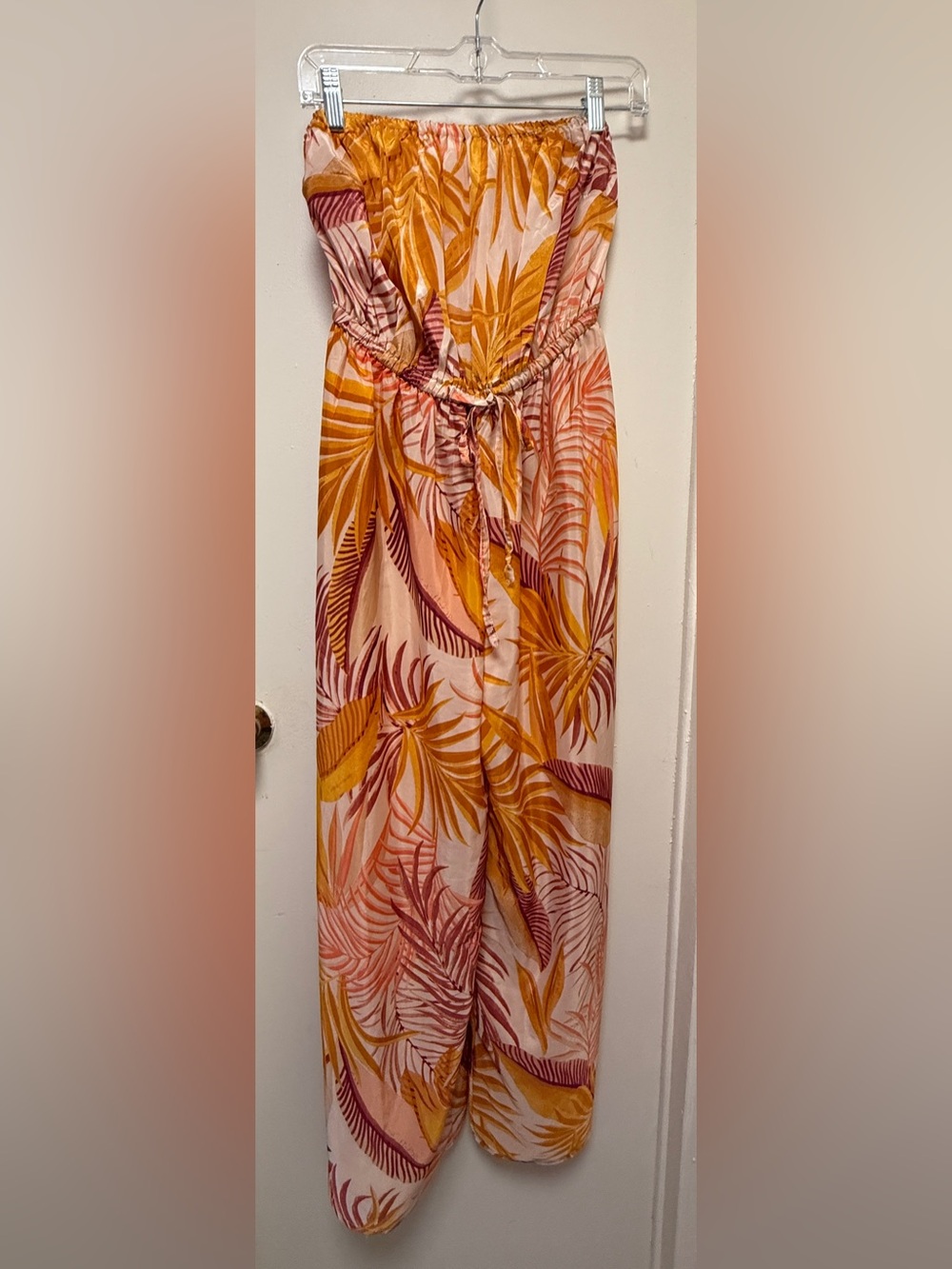 Tropical Print Wide-Leg Elastic Full top Party Jumpsuit — Rust Coral & Mustard